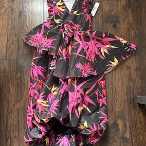 Kika Vargas Black Asymmetrical Dress with Hot Pink & Yellow Floral Print